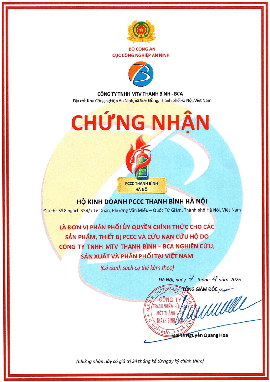 Chứng nhận phân phối chính hãng PCCC Thanh Bình Hà Nội