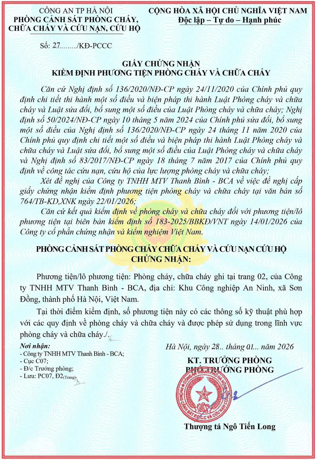 Giấy kiểm định của Bộ Công An PCCC Thanh Bình Hà Nội