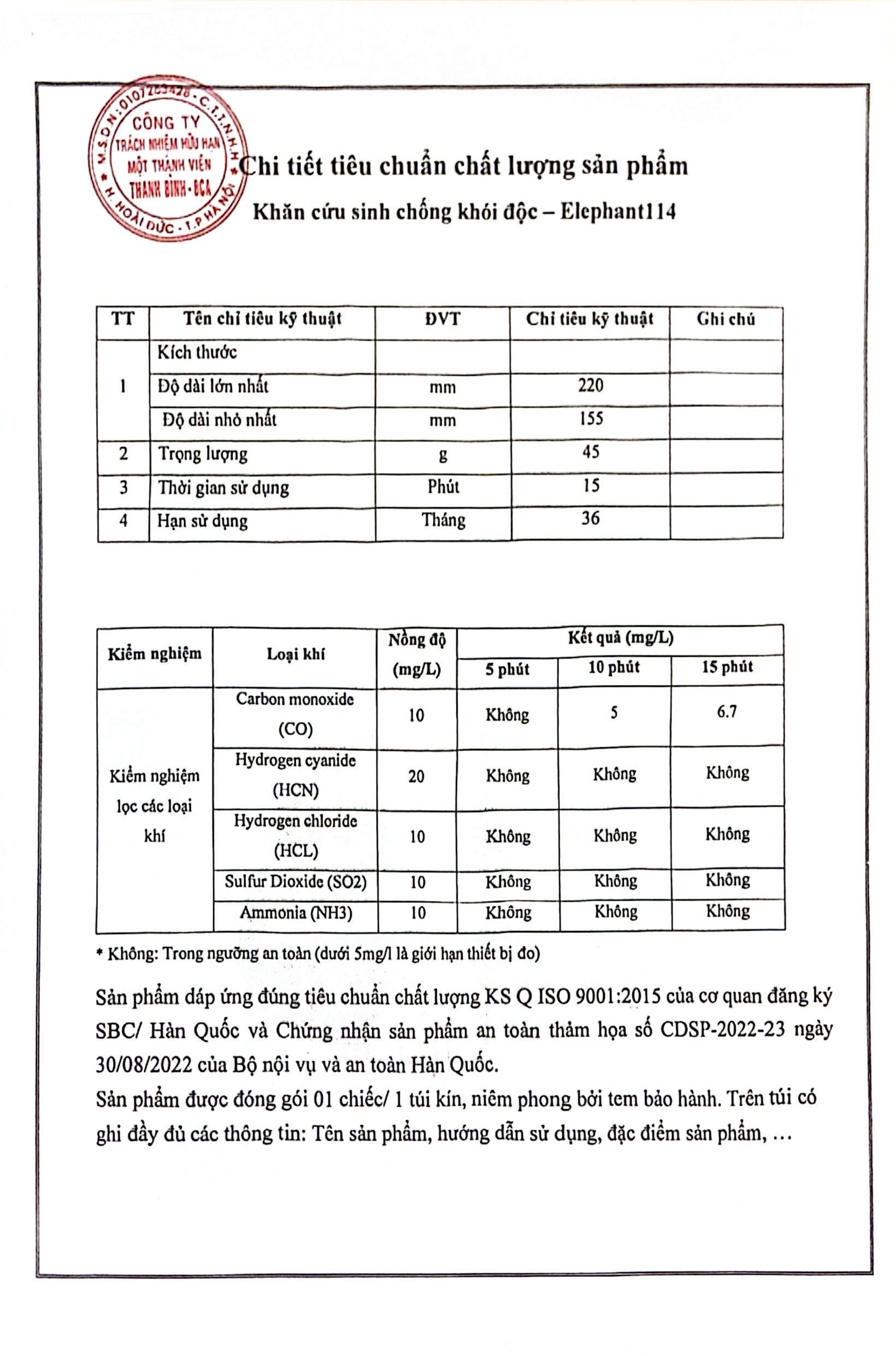 Chi tiết tiêu chuẩn chất lượng khăn cứu sinh chống khói độc Elephant 114 trang 2