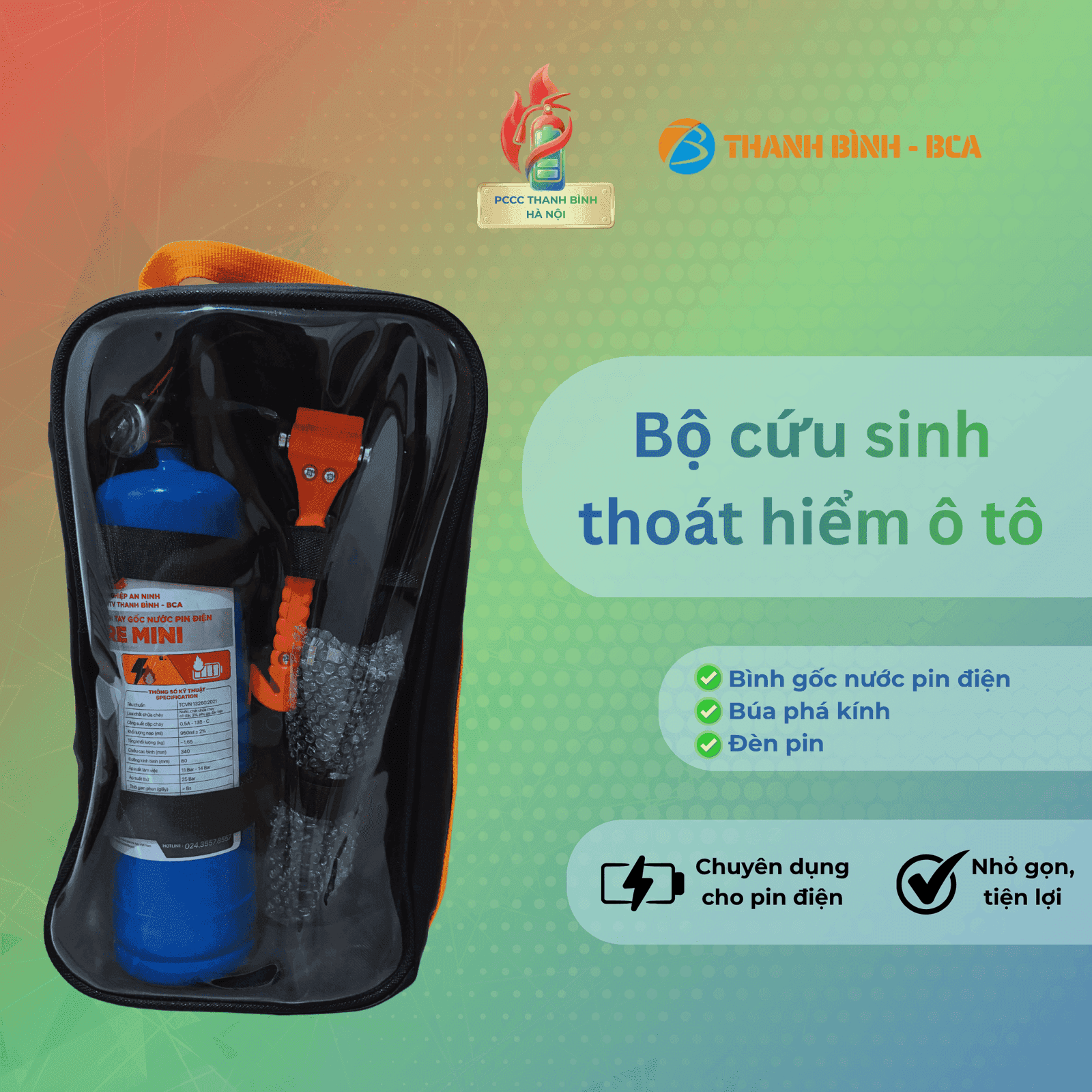 Combo PCCC ô tô điện 3 trong 1: bình chữa cháy, đèn pin, búa thoát hiểm